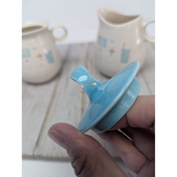 Vintage Set of Vernonware Metlox Heavenly Days Sugar Dish Creamer with Lid MCM - Picture 8 of 12